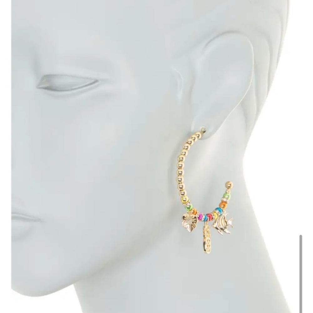 Baublebar Beaded Tropical Gold Tone Hoop Earrings Summer Fish Pineapple Charms - Picture 3 of 11